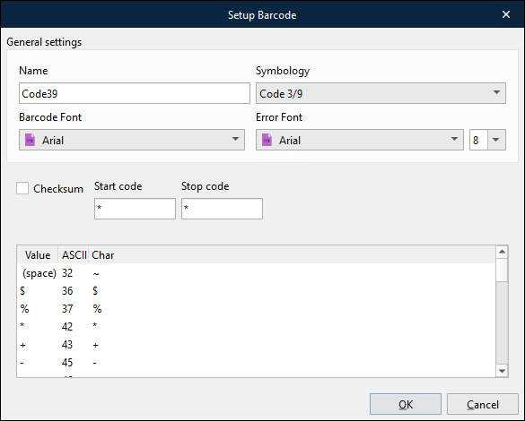 The Setup Barcode window with Code 3/9 symbology selected.